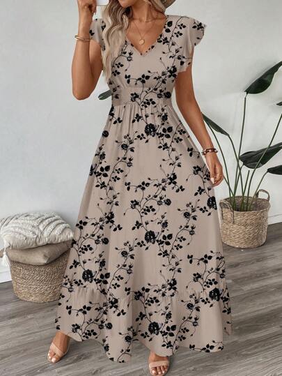 SHEIN LUNE Rynkad, volangärm, samlad midja, empireklänning med leopardtryck, elegant bohemisk stil, avslappnad sommarstrandoutfit för kvinnor, skjortklänningar för kvinnor, bohemiska kläder