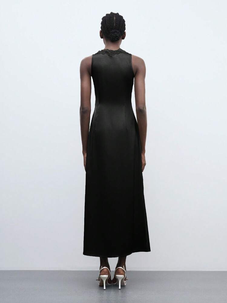 SHEIN Maija 2025 New V-Neck Lace Patchwork Sleeveless Shoulder Exposed Dress, Versatile For Cocktail Party, Urban Commute, Date, Party, Concert, Brunch, Airport, Summer Holiday