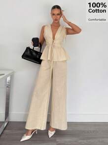 Siren Gaze 100%Cotton Women's High-Waist Drawstring Adjustable Ruched Shirt And Pants Set, Ladies 2 Pieces Outfit, Linen Clothing,Summer Outfits For Women,Vacation Outfits Woman,Business Casual Woman,Linen Suits,Butter Yellow - Apricot - View 4