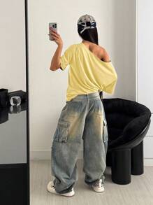 StreetHx 女士牛仔风黄色宽松慵懒风T恤，不对称肩部设计 - 黃色 - 查看 2