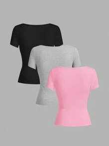 SHEIN EZwear 3 件女士黑色、灰色、粉色短袖短款休闲紧身 T 恤，适合夏季 - 彩色 - 查看 2