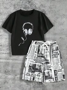 SHEIN 2pcs/Set Tween Boy Black T-Shirt & White Graphic Print Shorts, Casual Outfit