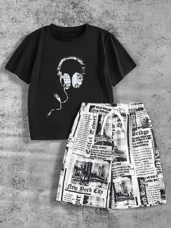 SHEIN 2pcs/Set Tween Boy Black T-Shirt & White Graphic Print Shorts, Casual Outfit