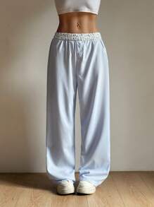 Flirla Women's Striped Waistband & Ditsy Ditsy Floral Casual Loose Straight Leg Pants, Versatile For Daily Wear & Commute, Summer - Blue and White - View 4