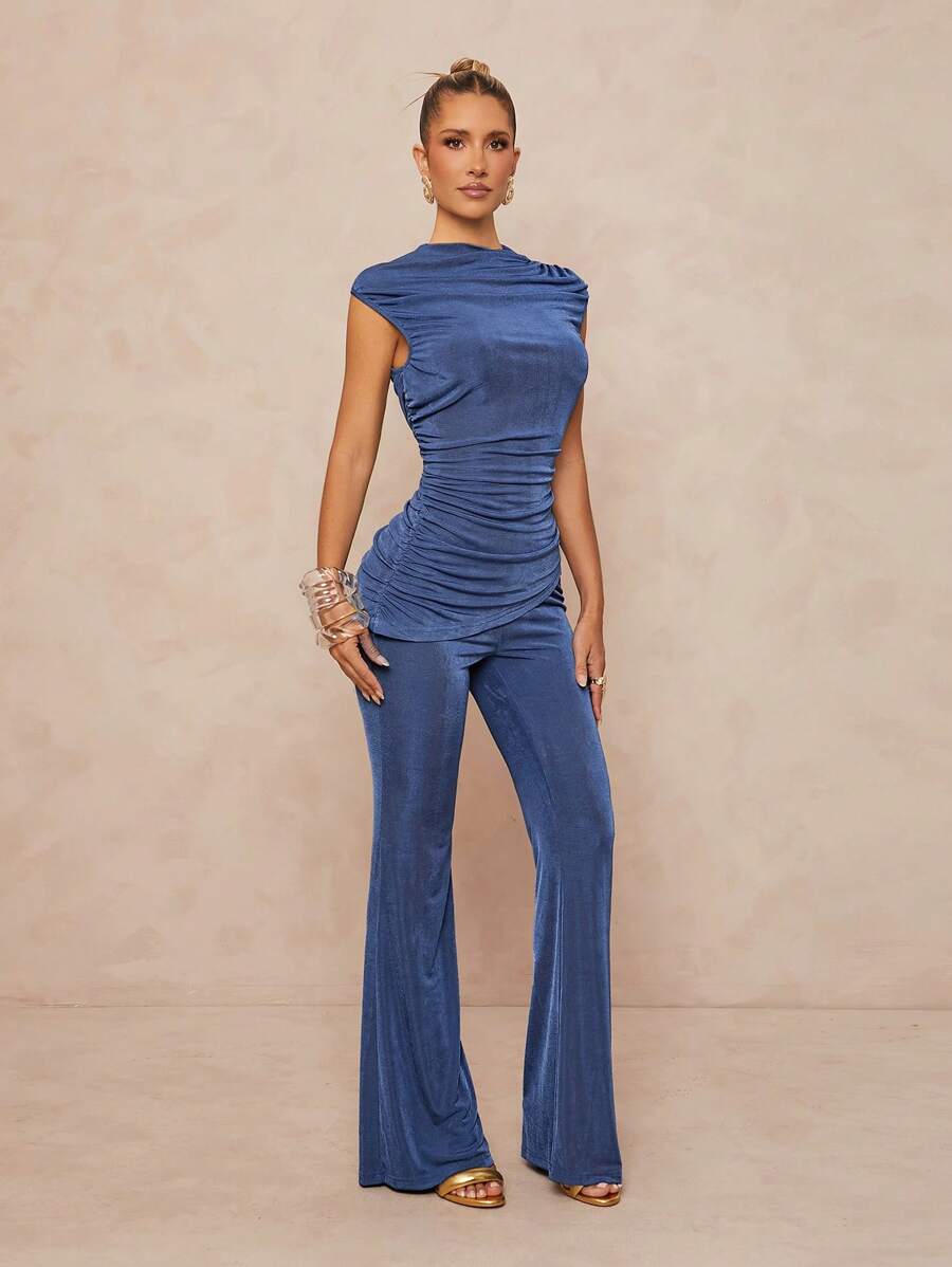 Lumalex 2pcs Set Women High Neck Bodycon Flare Bell Bottom Ruched Shiny Outfit,Graduation,Teacher Outfits For Women,Back To School - Dusty Blue - View 1