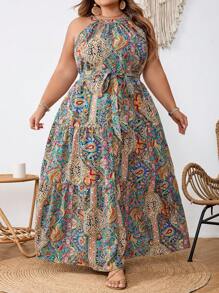 SHEIN CURVE+ 大码女式度假植物印花扭腰露背连衣裙女士沙滩装/沙滩裙/沙滩度假装/沙滩必备品/毕业/茶会礼服，夏季/乡村/海滩度假装/沙滩装/沙滩装 - 彩色 - 查看 4