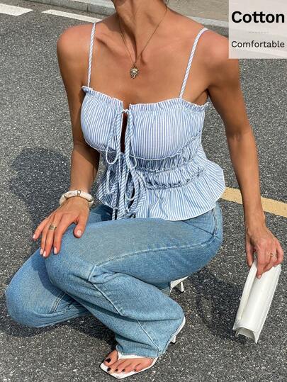 Siren Gaze Women's Blue & White Striped Ruched Cami Top Summer,Vacation,Beach,Y2k,Going Out Tops Casual