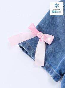 Denimly 女童宽松休闲可爱舒适蝴蝶结装饰衬衫领浅洗蓝短袖长款牛仔连衣裙 - 中等水洗藍 - 查看 6