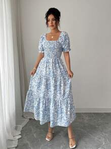 Elenzga Women's Elegant Printed Square Neck Fitted A-Line Dress, Spring/Summer - Blue and White - View 6