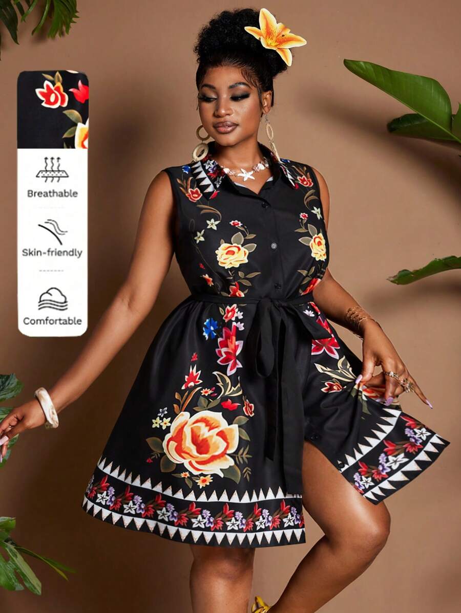 Maweii Vestito mini casual bohémien da donna taglie forti, con stampa floreale, colletto camicia, senza maniche, con cintura e fiocco, versatile per spiaggia e vacanze primaverili/estive - nero - Visualizzare 1