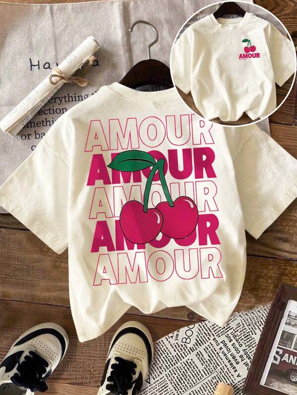 DrmWander T-shirt à manches courtes avec imprimé lettre cerise, décontracté pour les vacances