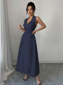 Elenzga 女式法式优雅休闲度假/通勤纯色缺口领双排扣腰带 A 字长裙，无袖，春夏 - 藏蓝色 - 查看 4