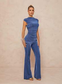 Lumalex 2pcs Set Women High Neck Bodycon Flare Bell Bottom Ruched Shiny Outfit,Graduation,Teacher Outfits For Women,Back To School - Dusty Blue - View 5