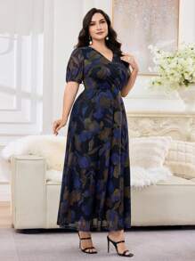 Modelyn 大码女式夏季全印花V领短袖连衣裙 - 彩色 - 查看 6