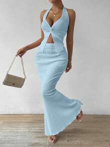Rafferiza Women 2Pcs Set Including Solid Twist Hem Camisole Top And Fitted Fishtail Hem Skirt - Baby Blue - View 4