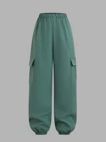 SHEIN Ensemble 2 pièces pour adolescentes, t-shirt décontracté à manches courtes et col rond avec imprimé graphique et pantalon cargo ample à poches, à la mode, pour le quotidien et l'extérieur, vert