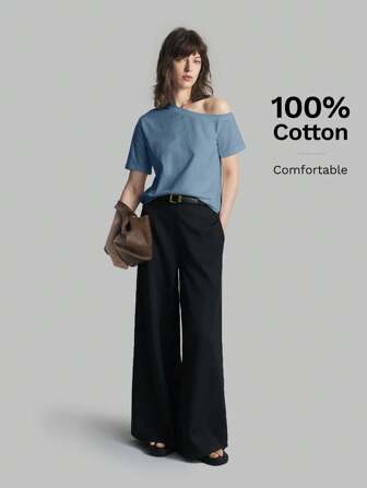 Ontre 2025新款女装纯色不对称露肩短袖上衣休闲日常装蓝灰色短袖宽松休闲T恤女夏装商务休闲度假沙滩生日派对教师装开学露肩上衣