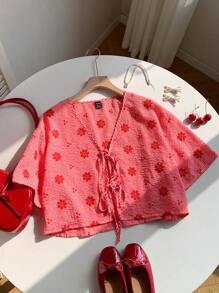 Comfortcana Camicia da donna con colletto a farfalla ricamato a fiori in maglia a quadri rossi, adatta per i primi mesi d'autunno, taglie comode