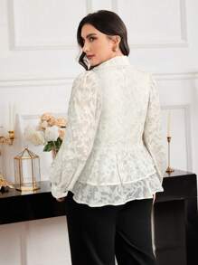 Modelyn Plus Size Women Jacquard Lapel Neck Long Sleeve Ruffled Hem Blouse - Apricot - View 2