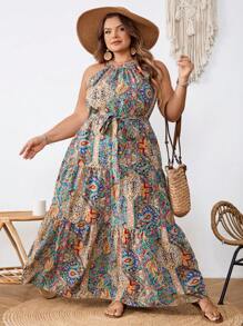 SHEIN CURVE+ 大码女式度假植物印花扭腰露背连衣裙女士沙滩装/沙滩裙/沙滩度假装/沙滩必备品/毕业/茶会礼服，夏季/乡村/海滩度假装/沙滩装/沙滩装 - 彩色 - 查看 8