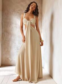 Hauture Váy suông không tay thắt nút rỗng màu trơn đơn sắc đi nghỉ thường ngày, mùa hè - Màu be - Xem 3