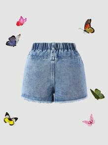 Short vaquero de niña preadolescente con lavado en frío, cintura elástica, bordado de flor y bolsillos con borde en denim, estilo calle - Lavado ligero - Ver 4