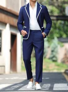 Manfinity Mode Herren Anzugjacke in Indigo-Blau mit Farbblockdesign und Paspeln, Zweireihig, und passende Hose für festliche Anlässe - marineblau - Übersicht 6