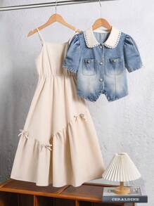 Tween-Mädchen 2-teiliges Set mit kontrastfarbenem Kragen, Puffärmeln, Jeansjacke und Camisole-Kleid mit Schleife - Aprikosenfarben - Übersicht 3