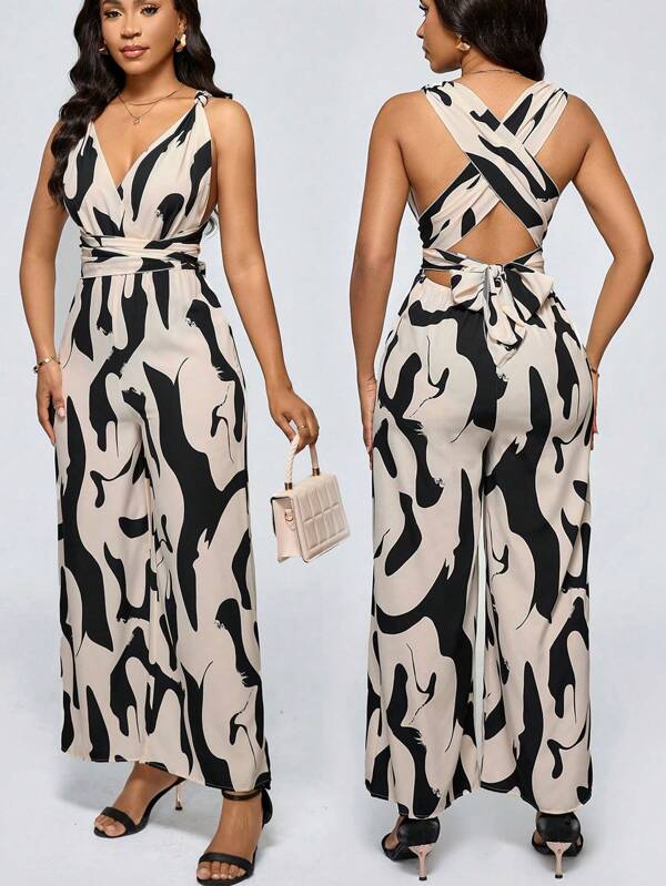 Lyxana 1pc Women's Fashion Random Print Open Back Jumpsuit