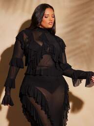 Vixey Sheer Mesh Ruffle Mock Neck Long Sleeve Top, Boho, Festival