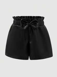 SHEIN Young Girl' All-Match Bowknot Waist PU Leather Shorts, Fashionable & Versatile, One Piece Black