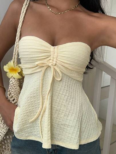 SHEIN EZwear Yellow Knitted Bandeau Top For Women, Minimalist & Fashionable, Suitable For Summer