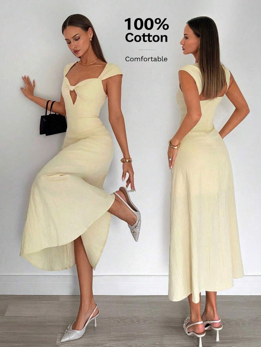 Siren Gaze 女士纯色休闲日常连衣裙，心形领口，精致胸部镂空设计 - 杏色 - 查看 1