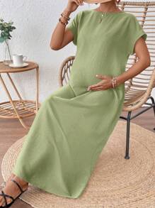 SHEIN Solid Color Knitted Loose Maternity Dress - Green - View 3