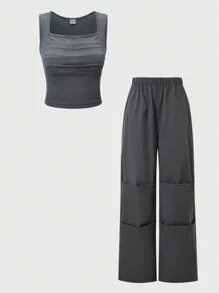 SHEIN Explorewe Teen Girls Solid Knit Pleated Square Neck Top And Straight Leg Cargo Pants 2 Pieces Set - Dark Grey - View 10
