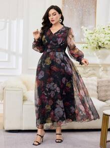 Modelyn Abito elegante taglia curvy con stampa floreale, scollo a V e maniche a lanterna