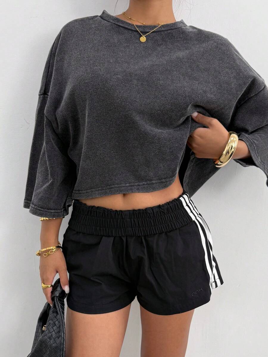 SHEIN EZwear 女式复古纯色落肩短款T恤，休闲夏日