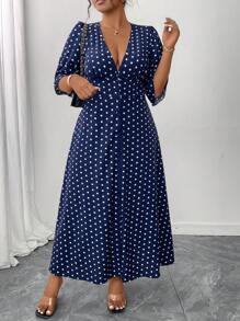 Elenzga Plus Size Women Polka Dot Print Deep V Neck 3/4 Sleeve Slit Hem Elegant Midi Dress