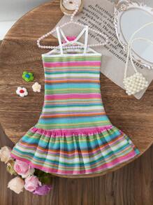 SHEIN Young Girl Summer Korean Style Cute Tie Shoulder Rainbow Striped Backless Dress, Sweet & Fashionable For Vacation