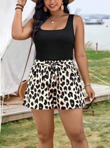 SHEIN LUNE 大码方领U领修身背心，腰带设计；撞色复古豹纹A字短袖休闲度假优雅两件套，适合女性；波西米亚风/波西米亚风两件套；度假风；假日穿搭；波西米亚风/波西米亚风；ins博主穿搭；简约时尚，适合母亲节；女士短款套装；女士夏季套装；女士夏季服装；女士服装；女士度假穿搭 - 彩色 - 查看 4