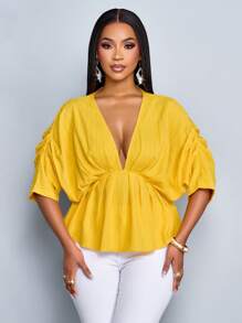 SOLERSUN New Spring And Summer Fashion Women's Solid Color Vacation Loose Casual Outing Deep V-Neck Pleated Bat Sleeve Short-Sleeved Shirt Loose Casual Shirt Tops, Seaside Vacation, Beach Vacation - Yellow - View 4