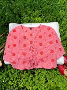 Comfortcana Camicia da donna con colletto a farfalla ricamato a fiori in maglia a quadri rossi, adatta per i primi mesi d'autunno, taglie comode
