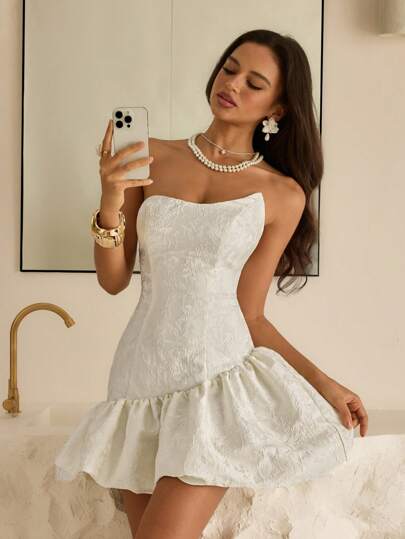 Vowa 优雅奢华提花缎面领口装饰设计短款泡泡袖连衣裙，新娘礼物宴会礼服