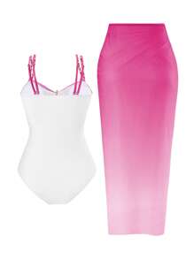 Swim Oasis Plus Size One-Piece Swimsuit & Skirt 2pcs Set, Multi-Color Metal Starfish Decor, Minimalist Design, Women Summer Beach Vacation Ibiza Outfit