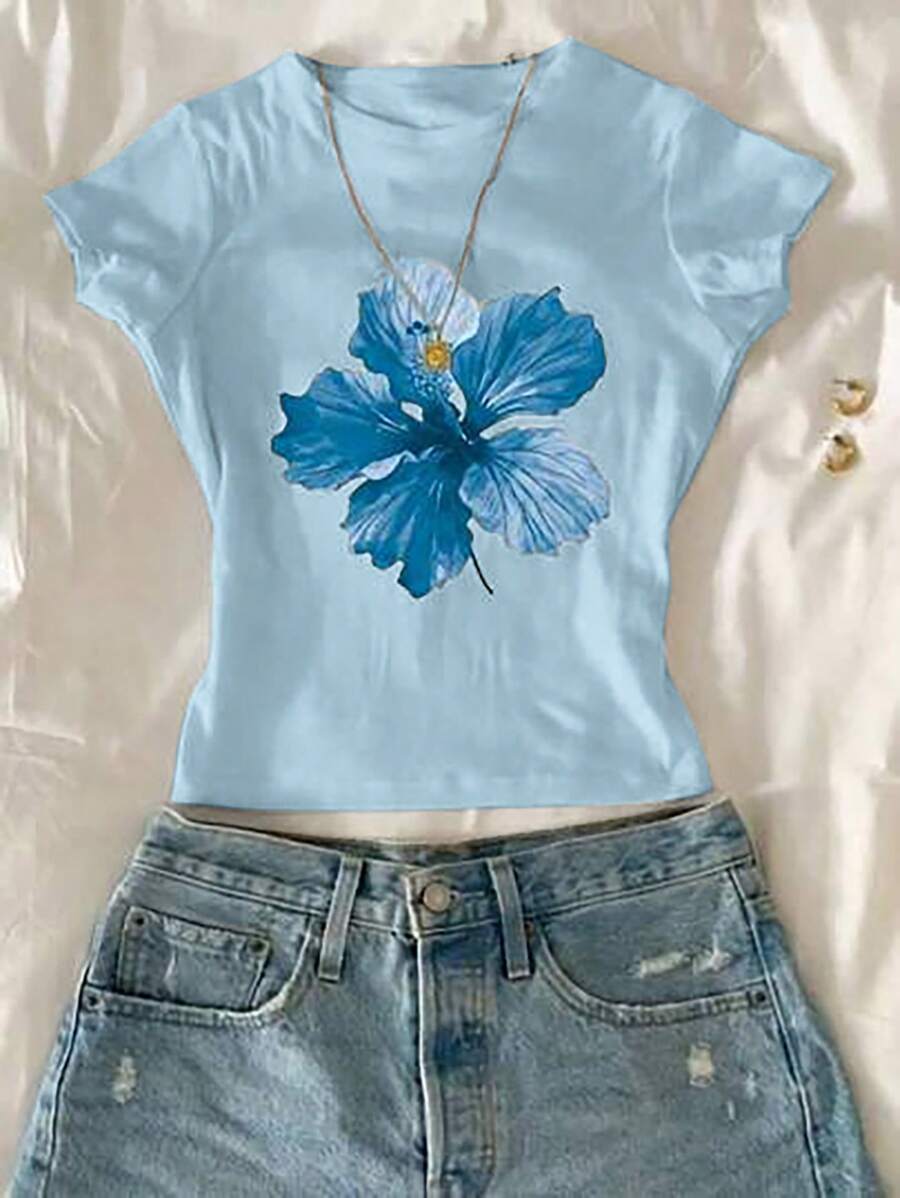 Tween Girl Floral Print Summer Casual Round Neck Short Sleeve T-Shirt
