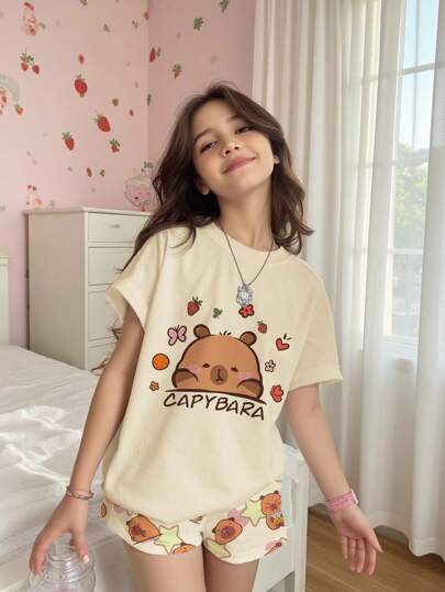 SHEIN Tween Girls Casual Minimalist Round Neck Short Sleeve Shorts Pajamas, Suitable For Summer