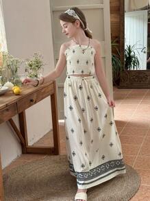 SHEIN LMoss Kids 2pcs Tween Girls Set - Woven Plain & Ditsy Floral Ruched Camisole And Loose Casual Skirt - Multicolor - View 6