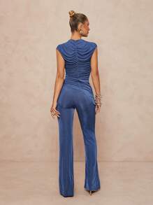 Lumalex 2pcs Set Women High Neck Bodycon Flare Bell Bottom Ruched Shiny Outfit,Graduation,Teacher Outfits For Women,Back To School - Dusty Blue - View 2