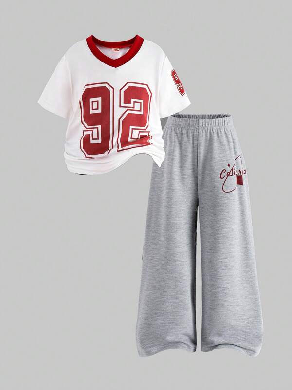 SHEIN 2pcs/Set Girls Casual V-Neck White Short Sleeve Top And Loose Fitting Gray Pants Summer Comfortable Sports Outfit