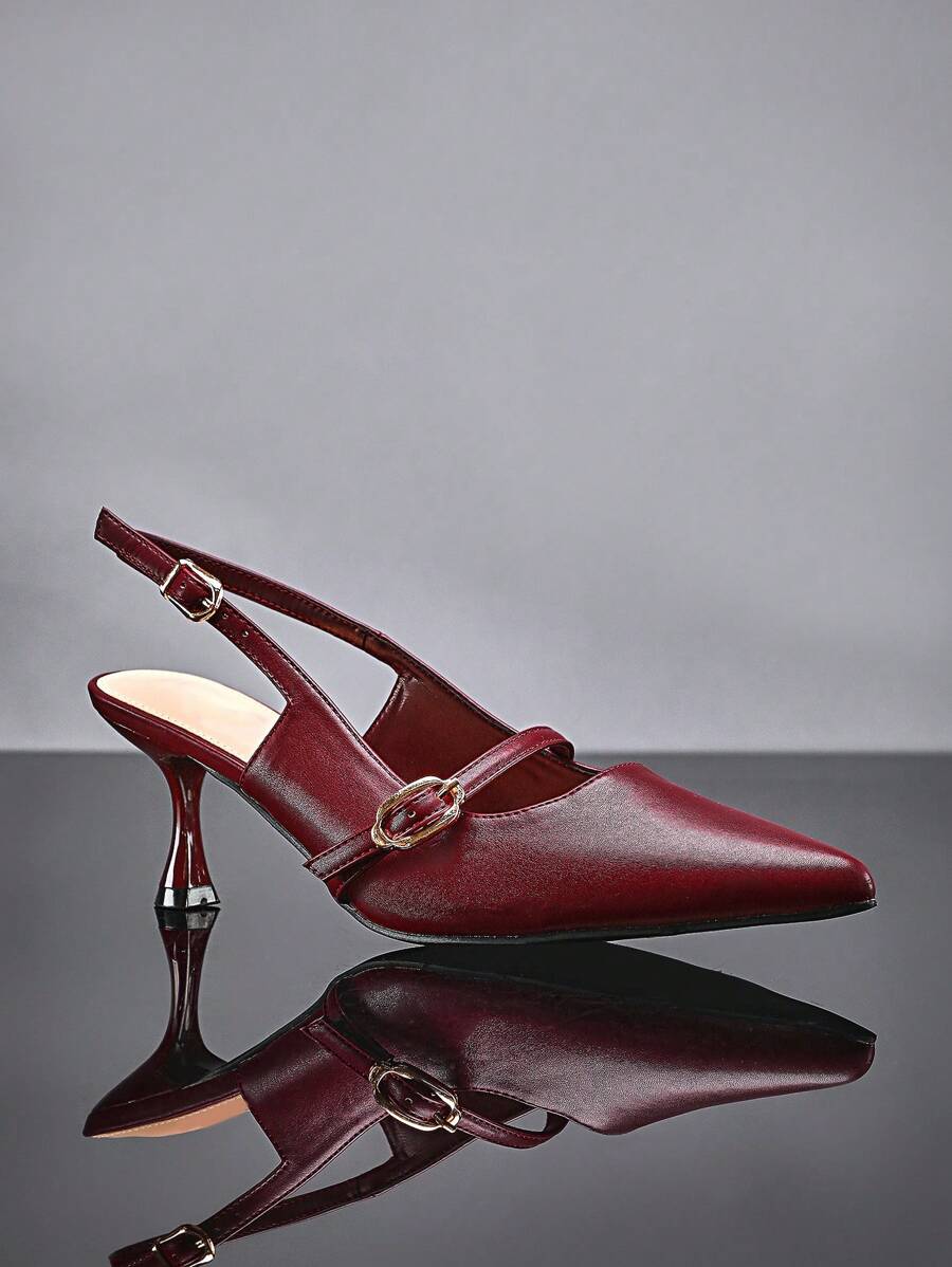 SHUZIA 百搭女士中跟扣带尖头酒红色露跟舒适时尚凉鞋 - 酒紅色 - 查看 1